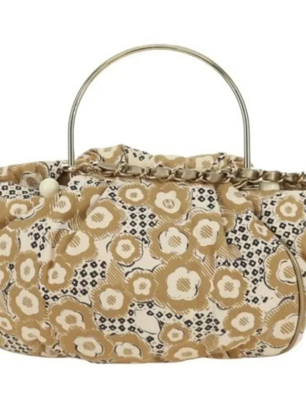 CHANEL Camelia Hand Bag Canvas Beige Gold CC Auth BAZ669V